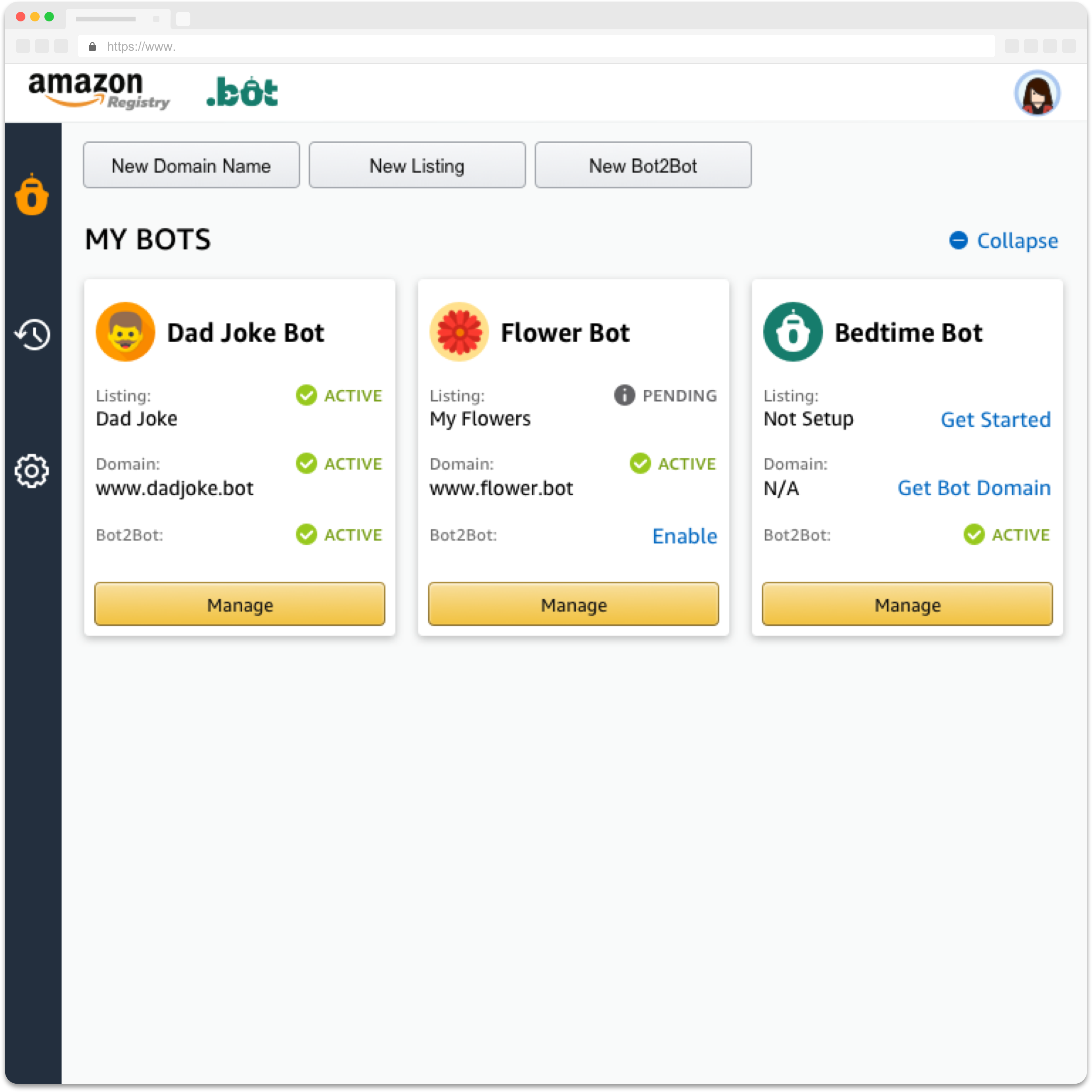 Bot Creator Dashboard, collapsed view
