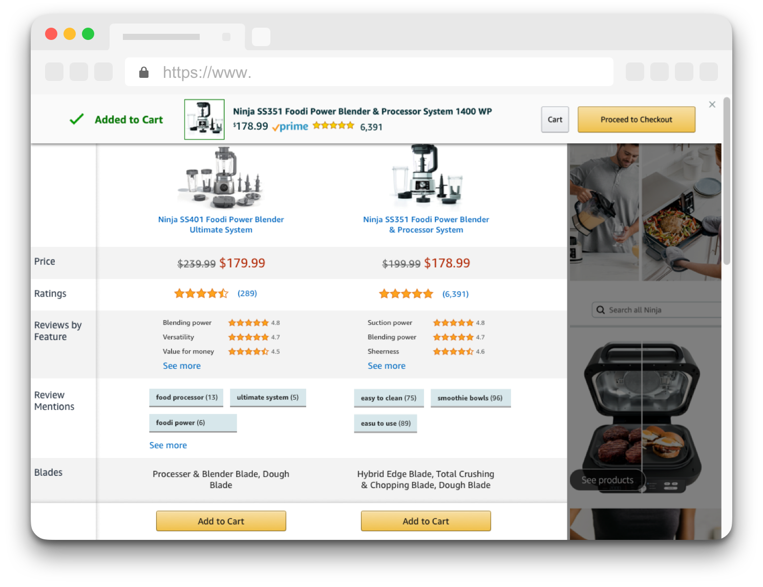 Side Slide: comparison table, product added to cart
