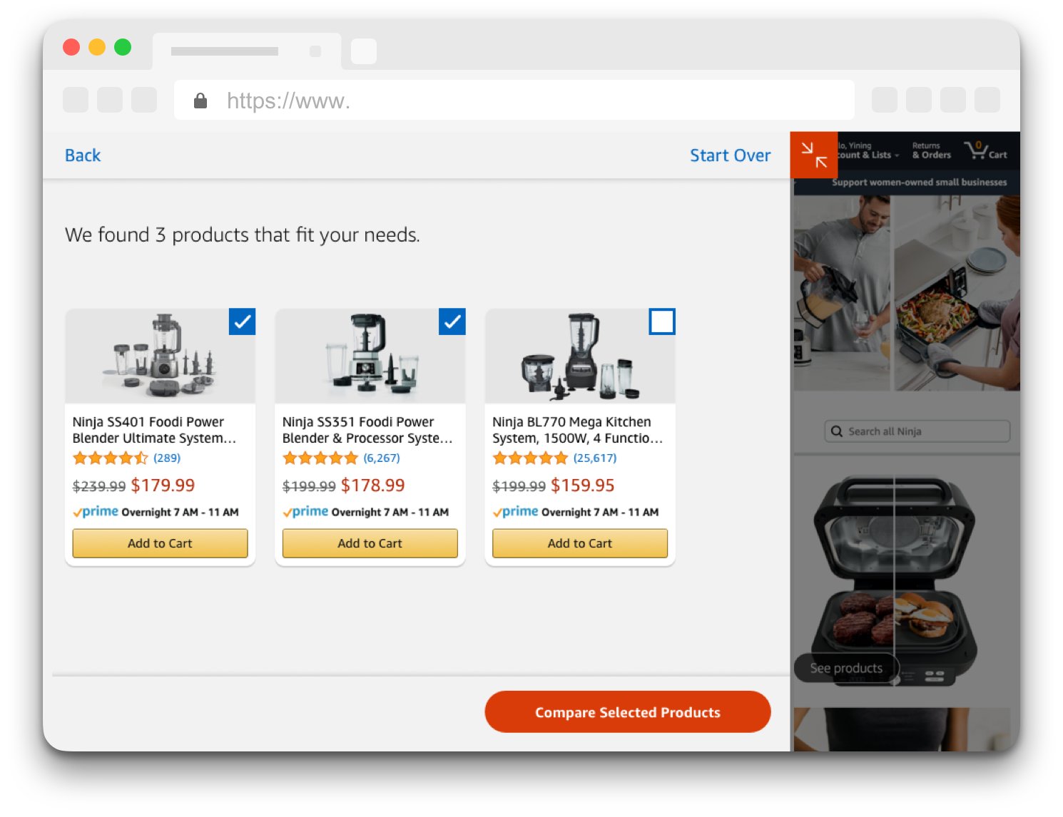 Side Slide: matching products, compare selected