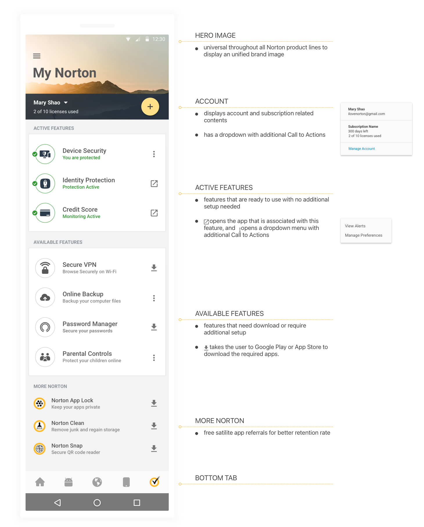 My Norton Dashboard UI structure breakdown
