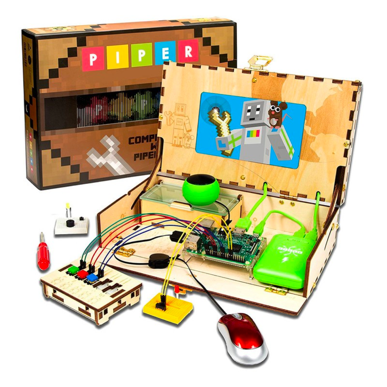 The final Piper Computer Kit box and contents, with the PIPER logo on the retail packaging