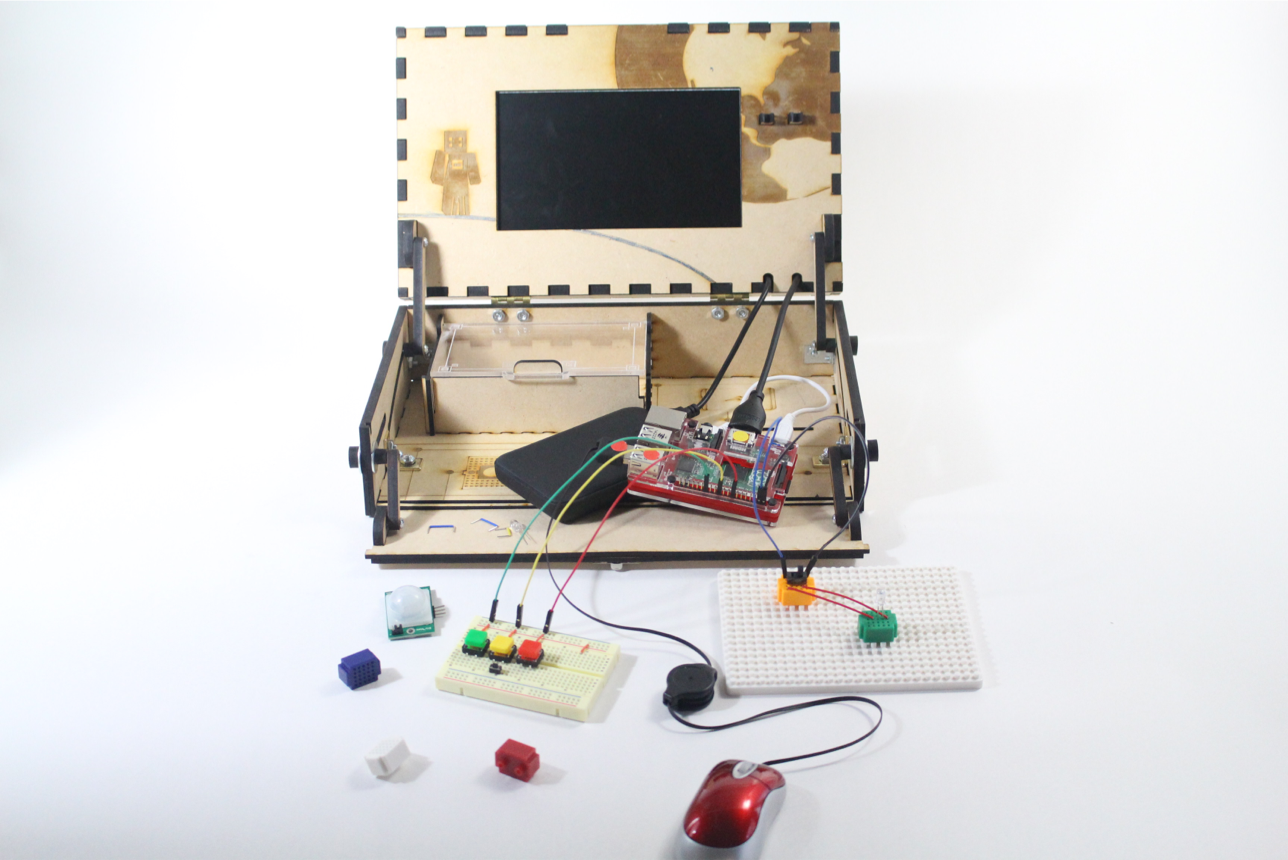 The final Piper Computer Kit, open with screen and breadboard visible