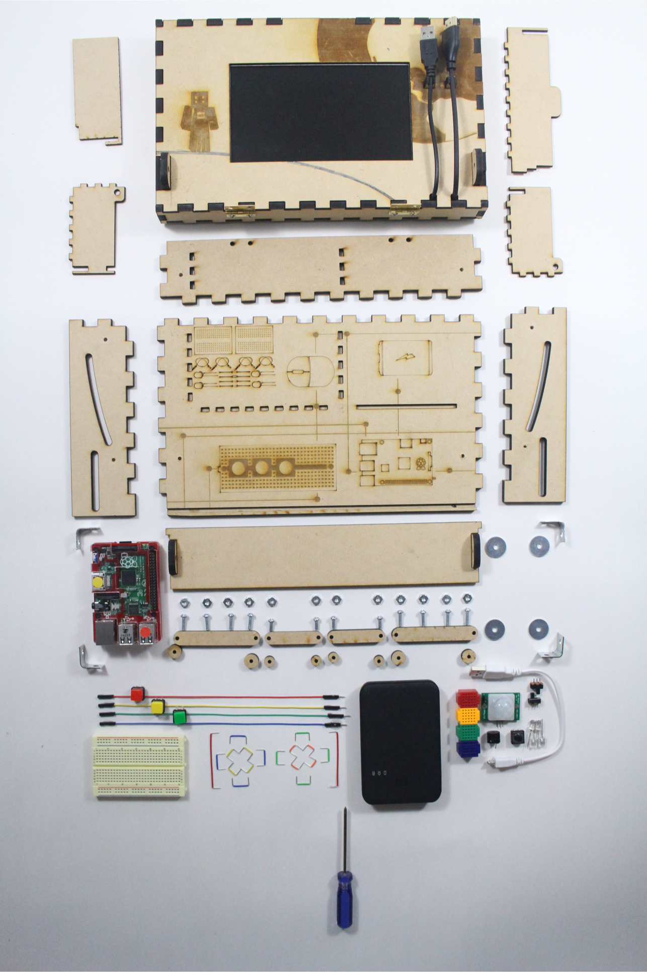 Every part of the final Piper Computer Kit, exploded view